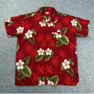 Rima Beachworld Hawaiian Shirt Mens Large Red Tropical Hibiscus Floral Aloha